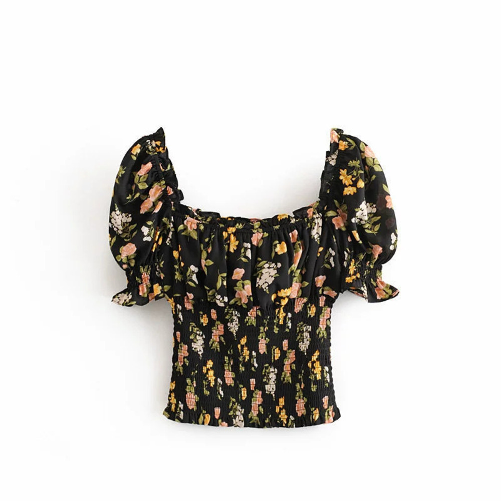 Spring Square Neck Princess Sleeve Ruffle Trim Elastic Waist Babydoll Top